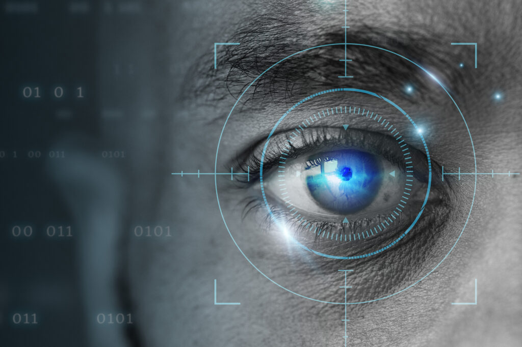 retinal biometrics technology with man’s eye digital remix