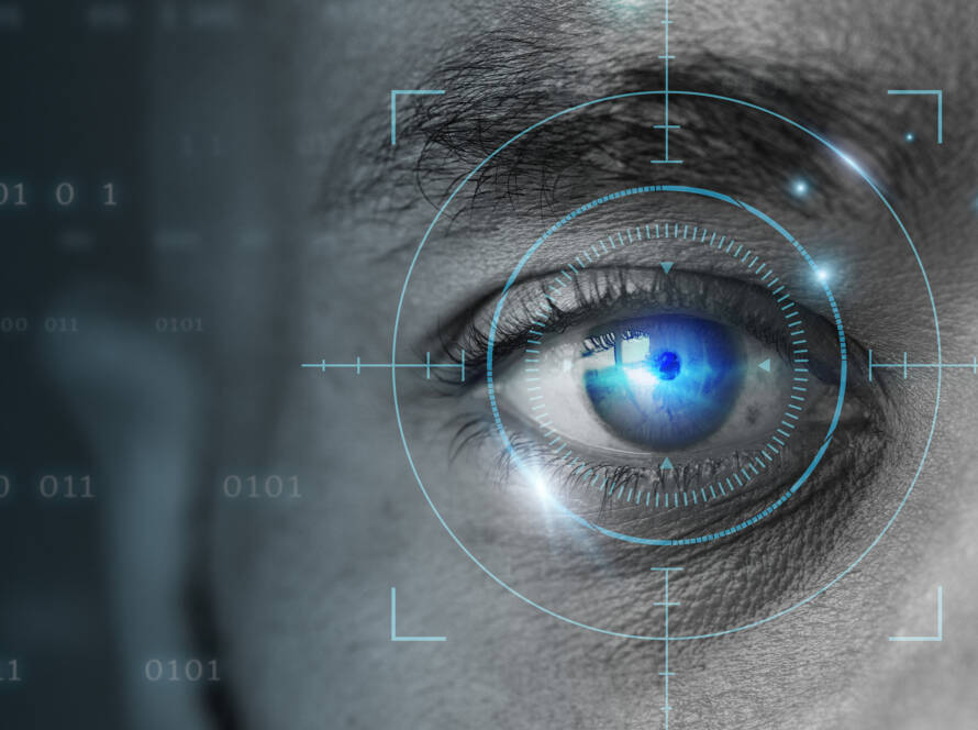 retinal biometrics technology with man’s eye digital remix