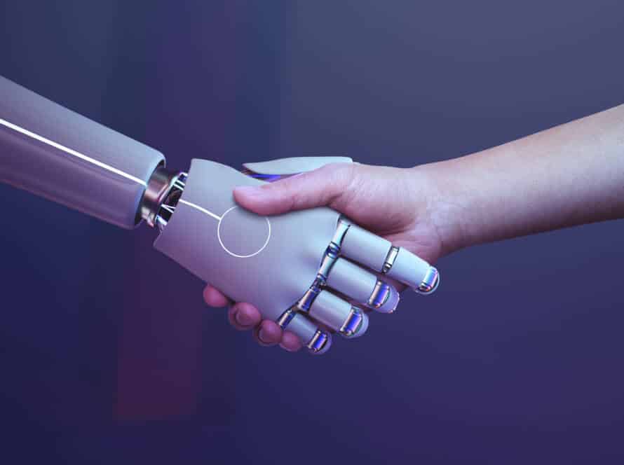 robot handshake human background, futuristic digital age